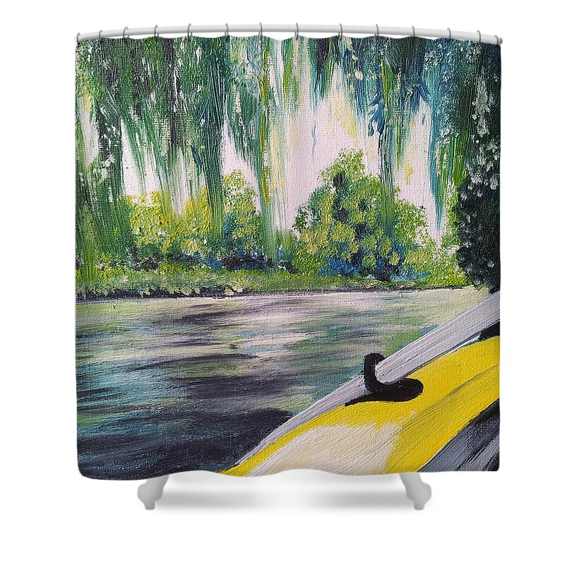 Weeping Willow Tree Shower Curtain featuring the painting Little Yellow Boat by Abbie Shores