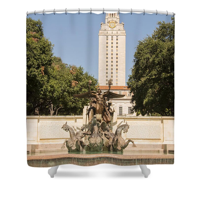 Austin Shower Curtain featuring the photograph Littlefield Fountain and University of Texas Tower by Bob Phillips