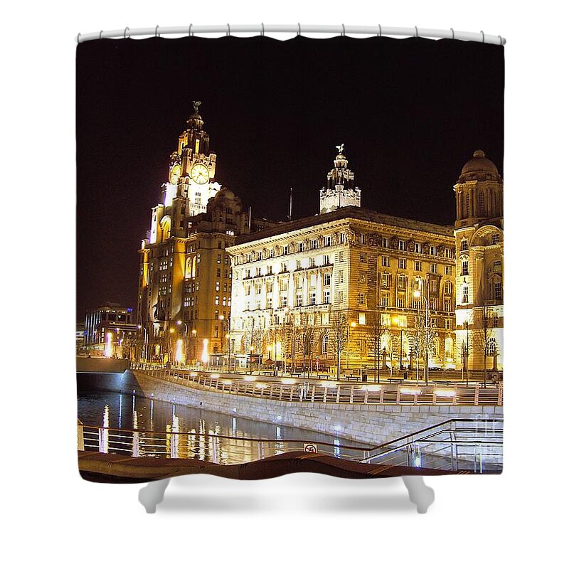 Urban Shower Curtain featuring the photograph Liver Building and Canal Liverpool UK by Steve Kearns