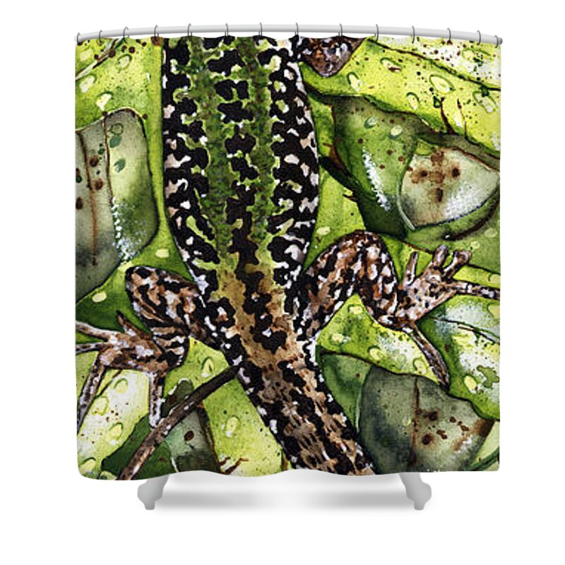 Lizard Shower Curtain featuring the painting LIZARD in GREEN NATURE - Elena Yakubovich by Elena Daniel Yakubovich