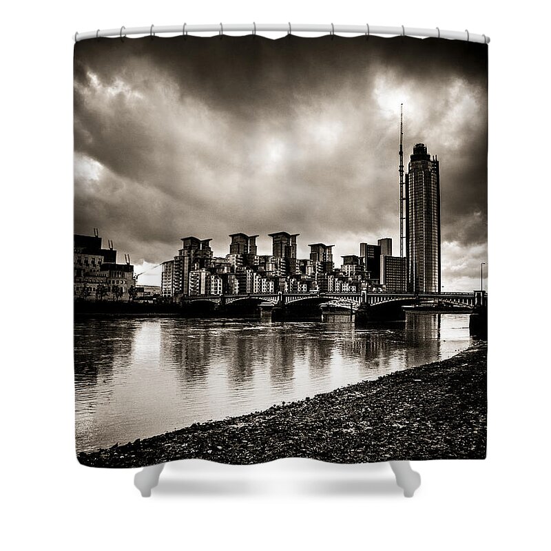 the Tower Shower Curtain featuring the photograph London Drama by Lenny Carter