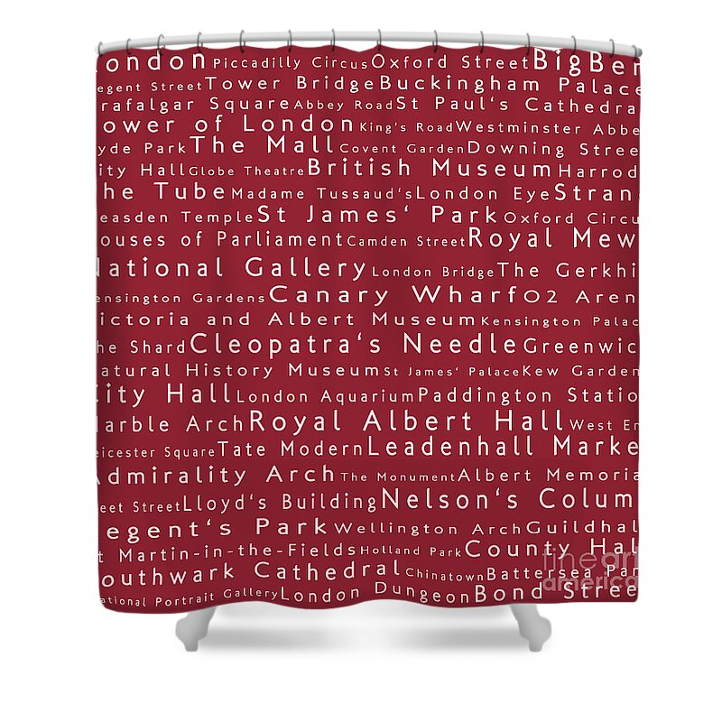 Cities Shower Curtain featuring the photograph London in Words Red by Sabine Jacobs