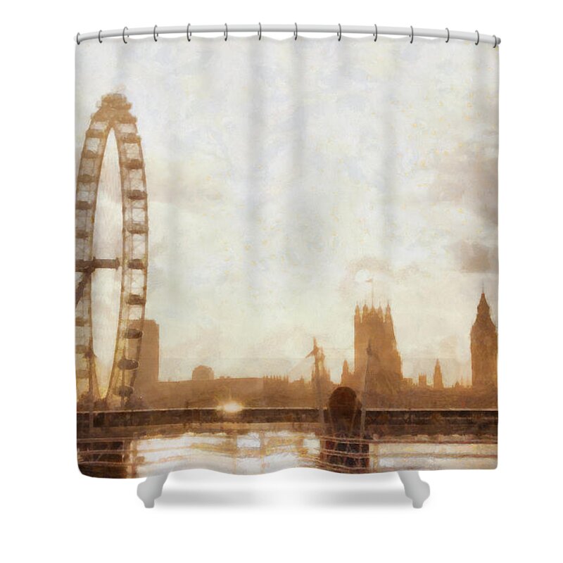 #faatoppicks Shower Curtain featuring the painting London skyline at dusk 01 by Pixel Chimp
