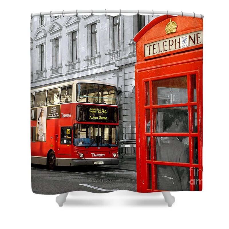 Red Shower Curtain featuring the photograph London With A Touch Of Colour by Nina Ficur Feenan