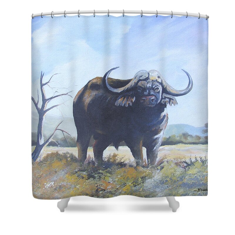 Buffalo Shower Curtain featuring the painting Lone Bull by Anthony Mwangi