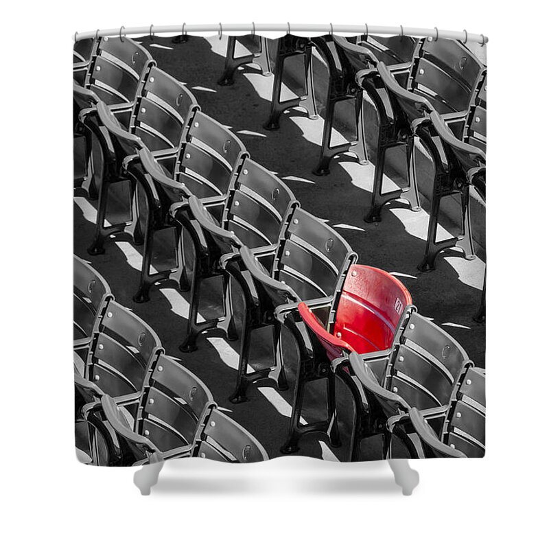 #21 Shower Curtain featuring the photograph Lone Red Number 21 Fenway Park BW by Susan Candelario