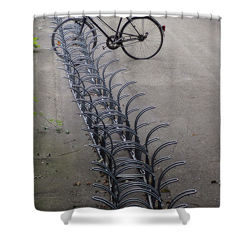 Bicycle Shower Curtain featuring the photograph Lonely bike at bicycle rack by Matthias Hauser