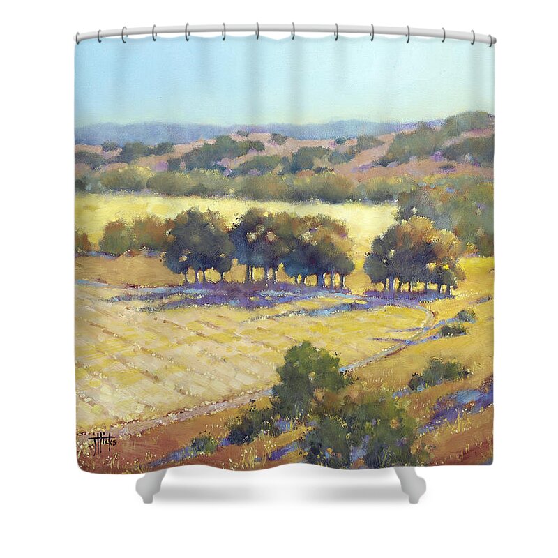 California Shower Curtain featuring the painting Long Shadows at Los Olivos by Joyce Hicks