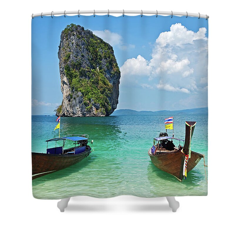 Tranquility Shower Curtain featuring the photograph Long Tail Boats, Koh Poda, Krabi by John W Banagan