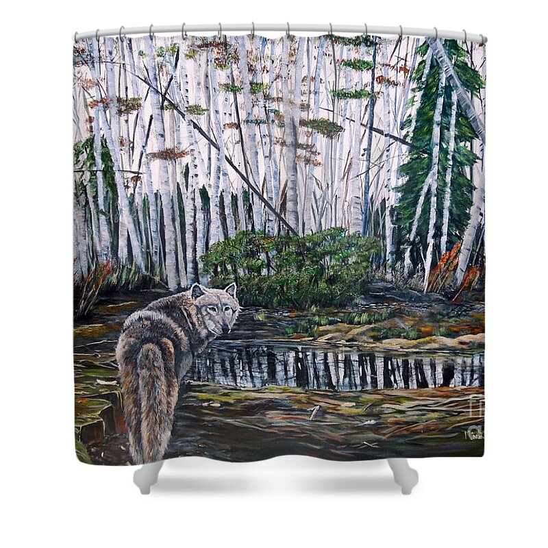 Wolf Shower Curtain featuring the painting Looking back by Marilyn McNish