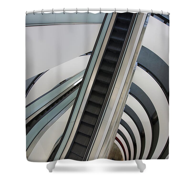 Pacific Design Center Shower Curtain featuring the photograph Looking Down At Grey Escalator And by Barry Winiker