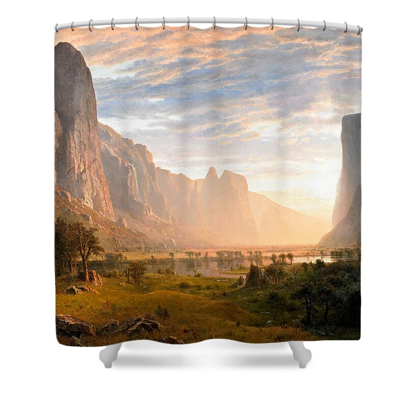 Albert Bierstadt Shower Curtain featuring the painting Looking down Yosemite Valley by Albert Bierstadt