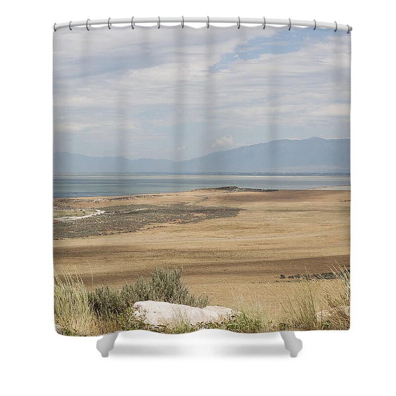 Lake Shower Curtain featuring the photograph Looking North from Antelope Island by Belinda Greb
