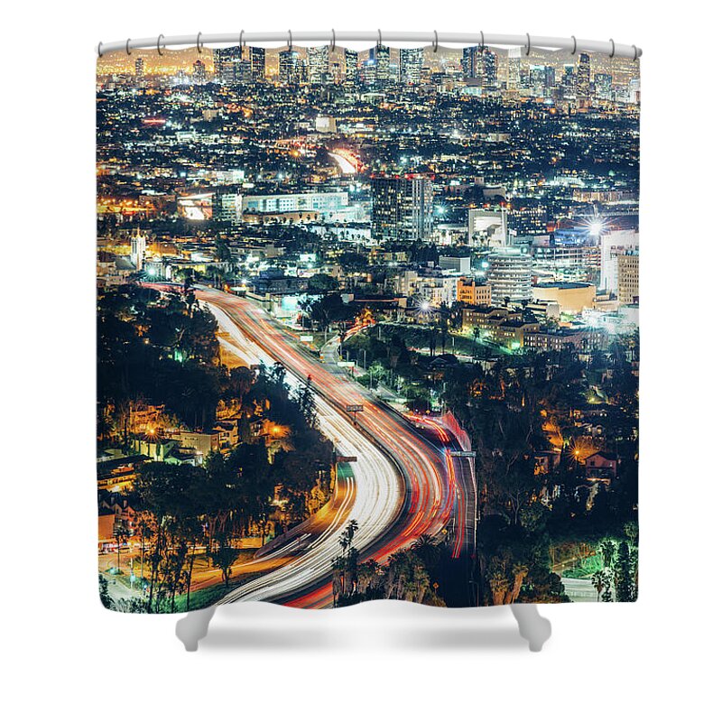 Downtown District Shower Curtain featuring the photograph Los Angeles Skyline At Night by Ferrantraite