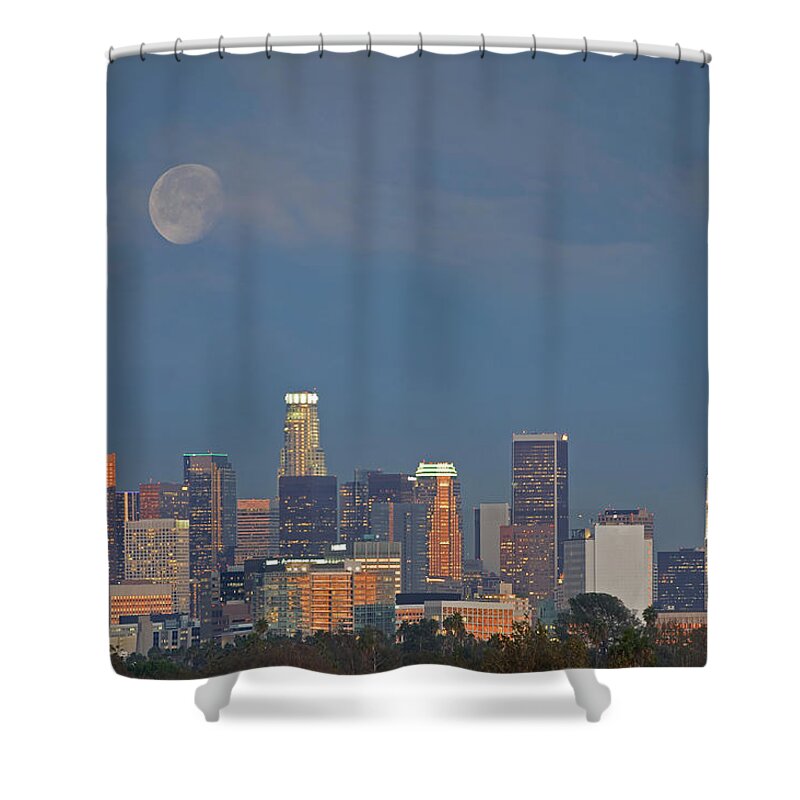 Apartment Shower Curtain featuring the photograph Los Angeles Skyline At Night by Kevinjeon00