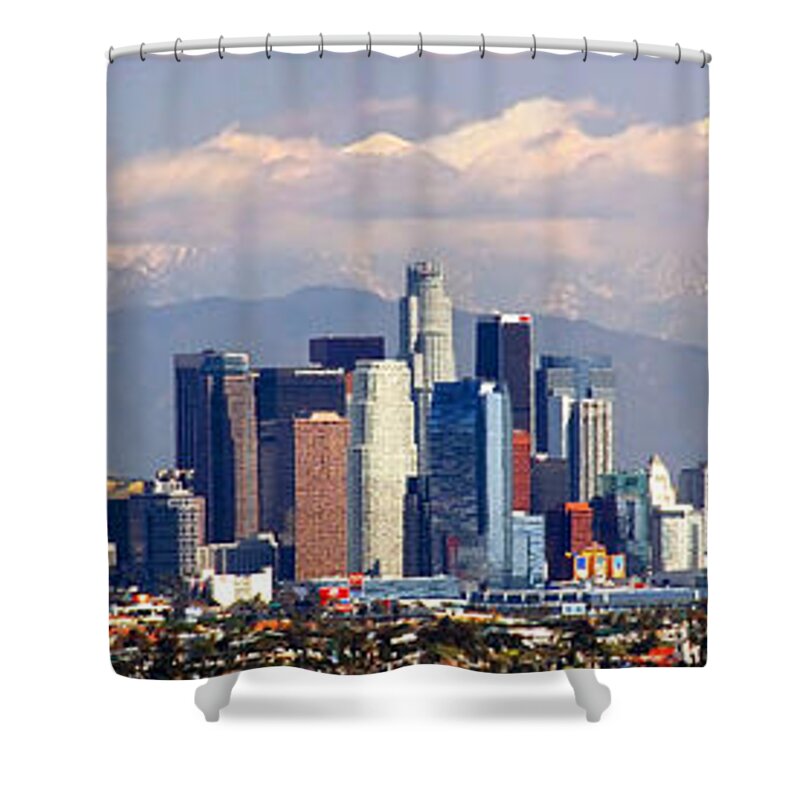 Los Angeles Skyline Shower Curtain featuring the photograph Los Angeles Skyline with Mountains in Background by Jon Holiday