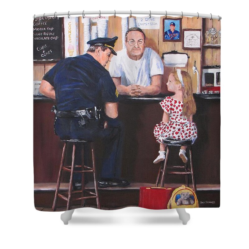 Police Shower Curtain featuring the painting Lost And Found by Jack Skinner