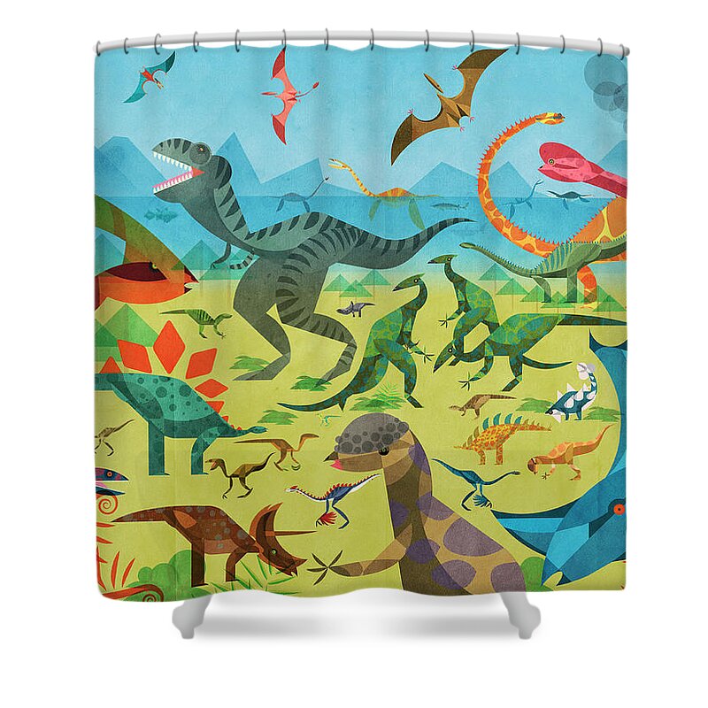 Abundance Shower Curtain featuring the photograph Lots Of Different Dinosaurs In Colorful by Ikon Ikon Images