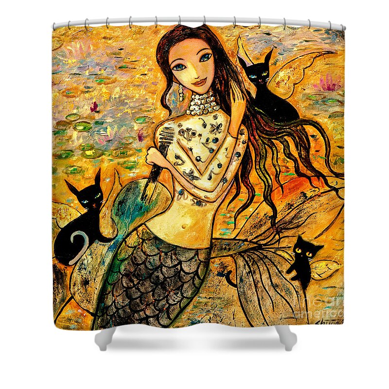 Mermaid Art Shower Curtain featuring the painting Lotus Pool by Shijun Munns