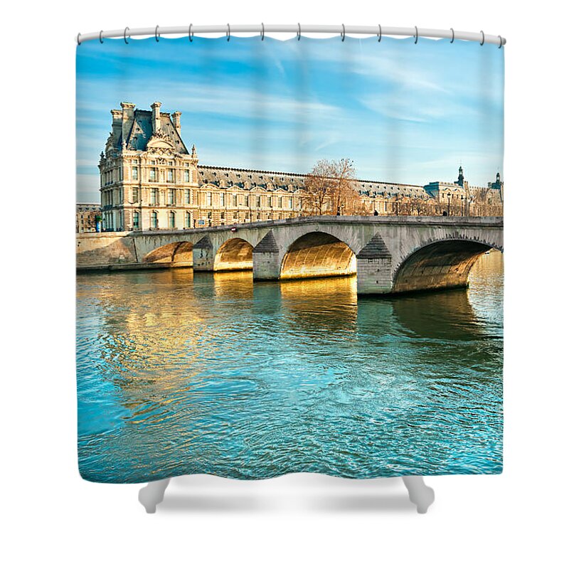 Anniversary Shower Curtain featuring the photograph Louvre Museum and Pont Royal - Paris by Luciano Mortula
