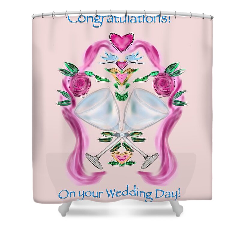 Greeting Card Shower Curtain featuring the digital art Love Birds Pink Wedding by Christine Fournier