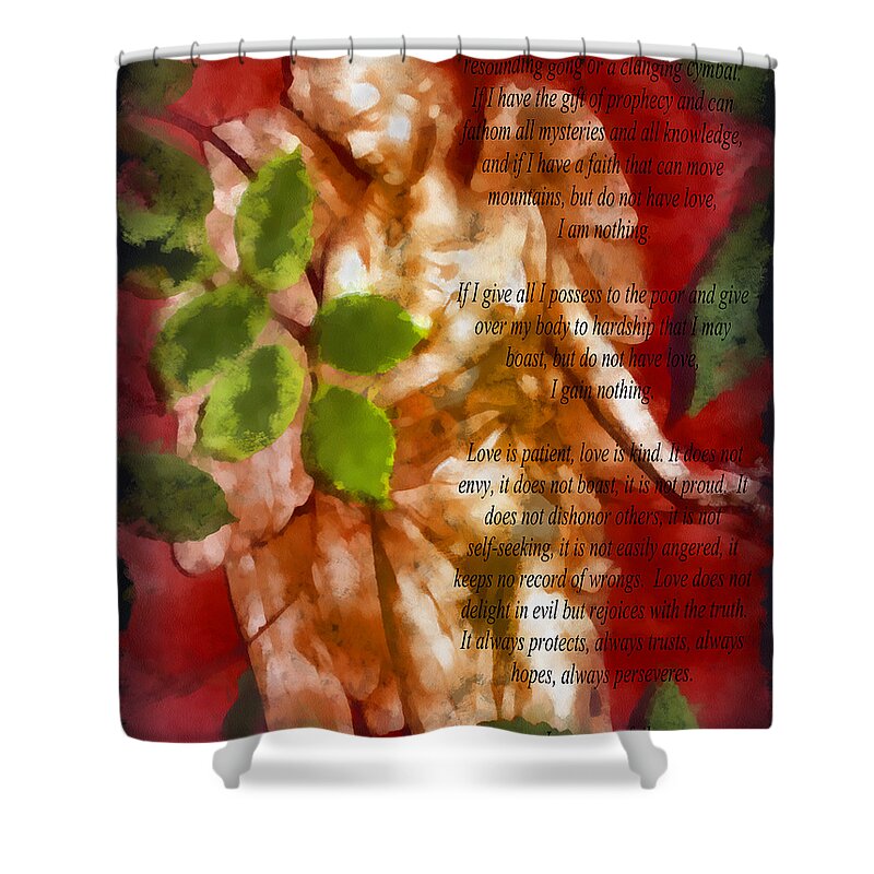Angel Shower Curtain featuring the mixed media Love Never Fails 3 by Angelina Tamez