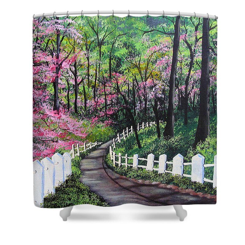 Trees Shower Curtain featuring the painting Lovers' Trail by Gloria E Barreto-Rodriguez