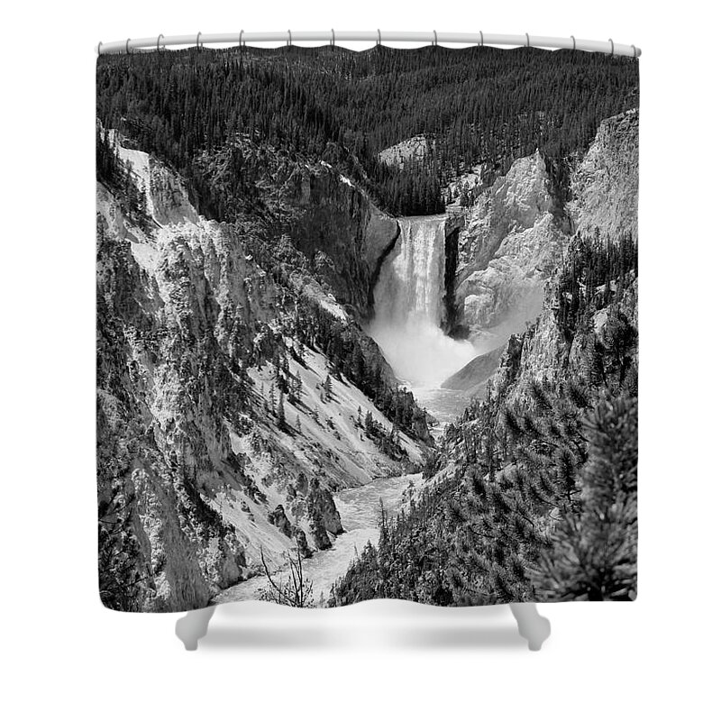 Waterfall Shower Curtain featuring the photograph Lower Falls of Yellowstone B W by Jemmy Archer