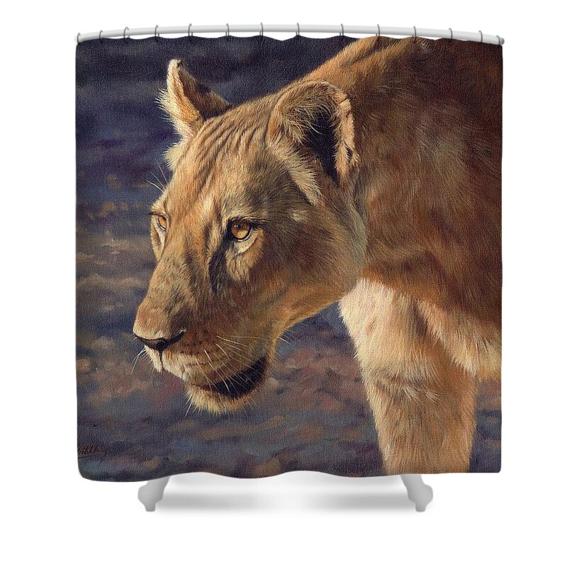 Lioness Shower Curtain featuring the painting Luangwa Princess by David Stribbling