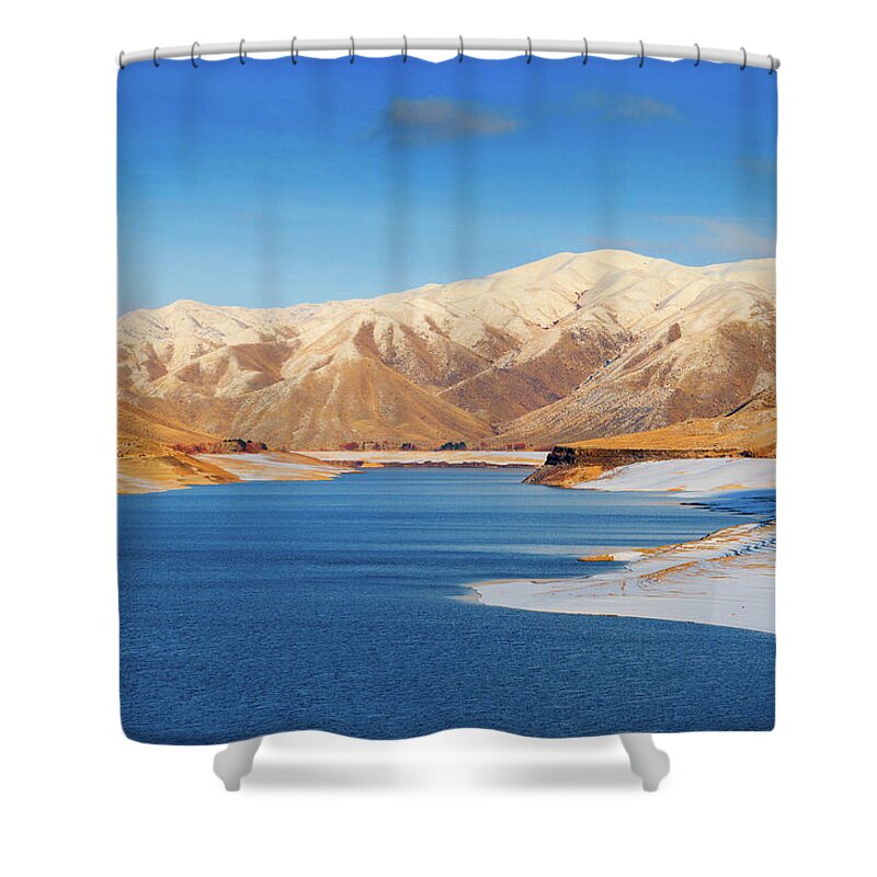 Tranquility Shower Curtain featuring the photograph Lucky Peak Reservoir At Sunset In Winter by Anna Gorin