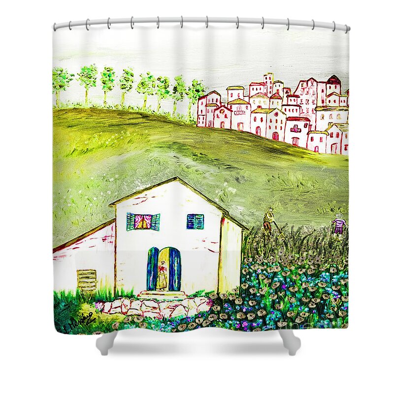 Mixed Media Shower Curtain featuring the painting L'ultima fatica by Loredana Messina