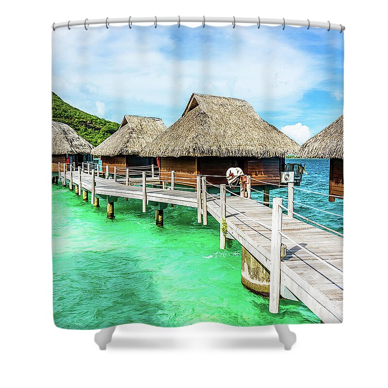 Beach Hut Shower Curtain featuring the photograph Luxury Hotel Resort Beach Huts Polynesia by Mlenny