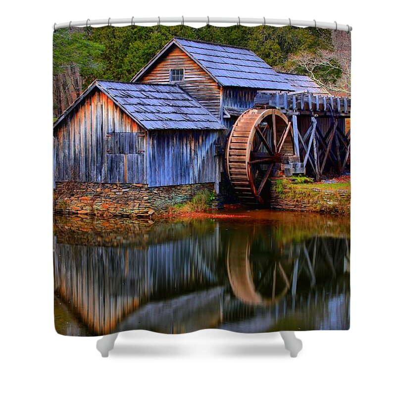 Mabry Mill Shower Curtain featuring the photograph Mabry Mill Evening Reflections by Adam Jewell