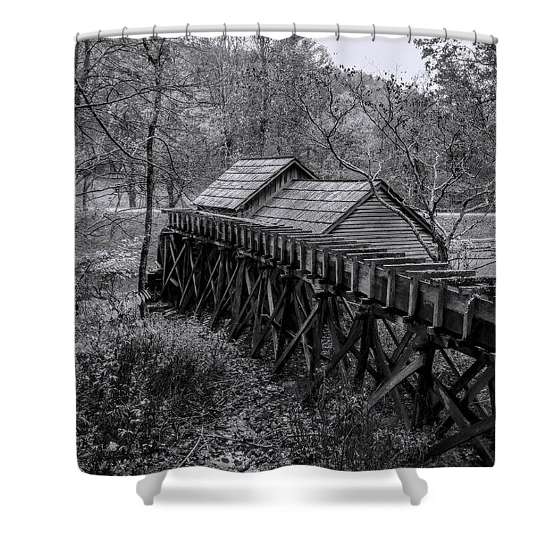 Mabry Mill Shower Curtain featuring the photograph Mabry Mill Water Shute In Black And White by Kathy Clark