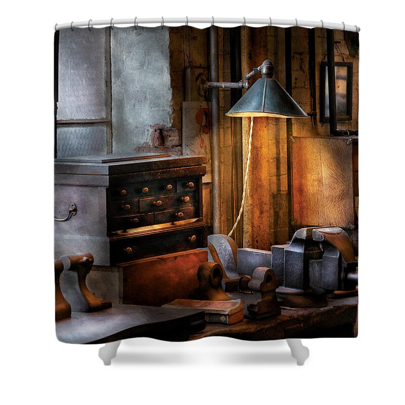 Savad Shower Curtain featuring the photograph Machinist - My Workstation by Mike Savad