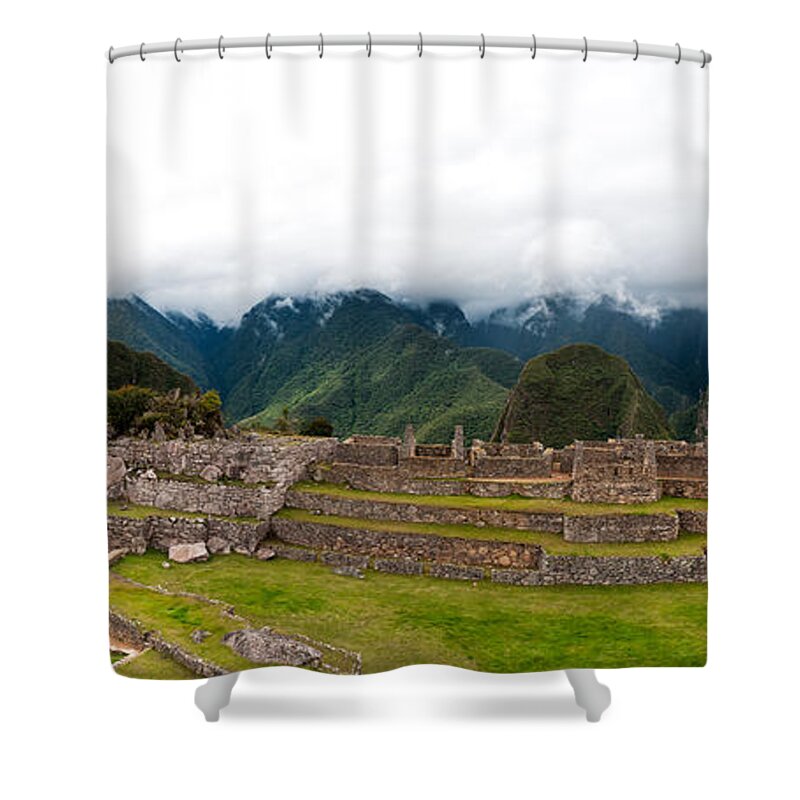 Aguas Calientes Shower Curtain featuring the photograph Machu Picchu main square and the group of the three doorways by U Schade