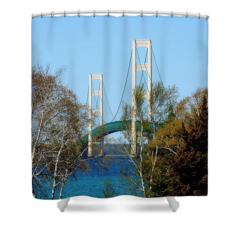 Bridges Shower Curtain featuring the photograph Mackinac Bridge Birches by Keith Stokes