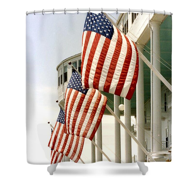American Flag Shower Curtain featuring the photograph Mackinac Island Michigan - The Grand Hotel - American Flags by Kathy Fornal