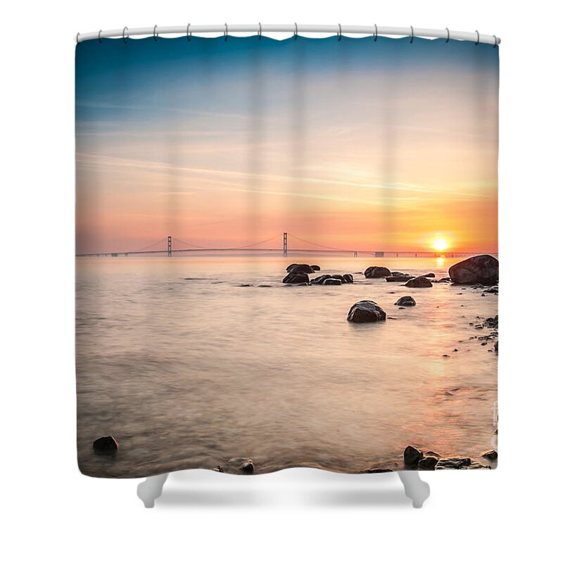 Bridge Shower Curtain featuring the photograph Mackinac Sunrise by Larry Carr
