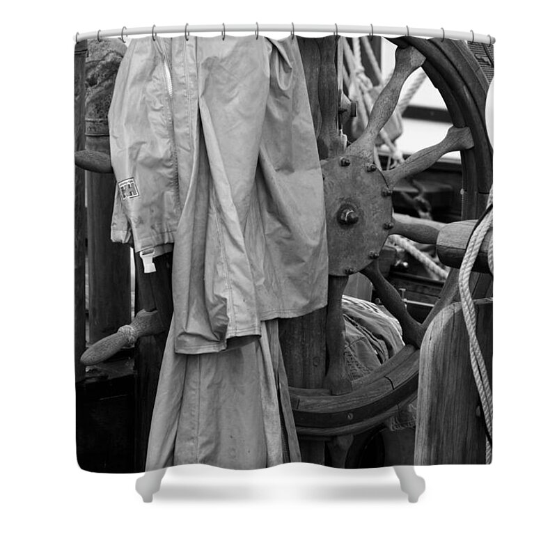Black And White Shower Curtain featuring the photograph Mackintosh an steering wheel - monochrome by Ulrich Kunst And Bettina Scheidulin