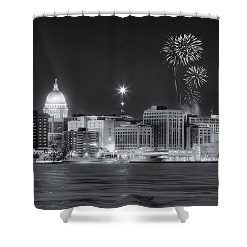 Capitol Shower Curtain featuring the photograph Madison - Wisconsin - New Years Eve Panorama Black and White by Steven Ralser