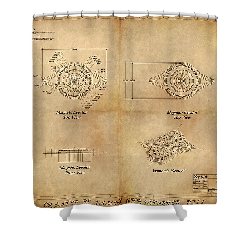 Steampunk; Gears; Housing; Cogs; Machinery; Lathe; Columns; Brass; Copper; Gold; Ratio; Rotation; Elegant; Forge; Industry; Jules Verne Shower Curtain featuring the painting Magneto System Blueprint by James Hill