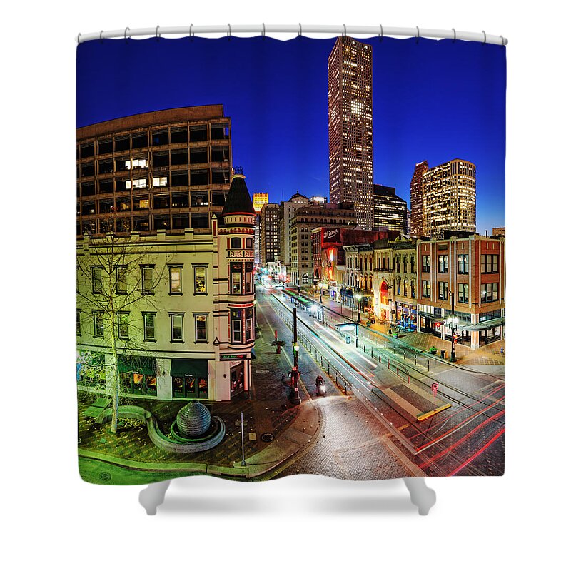 Downtown Houston Shower Curtain featuring the photograph Main Street at Twilight - Downtown Houston Skyline Texas by Silvio Ligutti