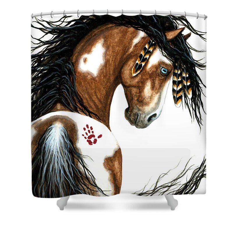 Majestic Wild Horses Native American Indian Bihrle Painted Pony Pinto Stallion Mm106 Shower Curtain featuring the painting Majestic Horse #106 by AmyLyn Bihrle