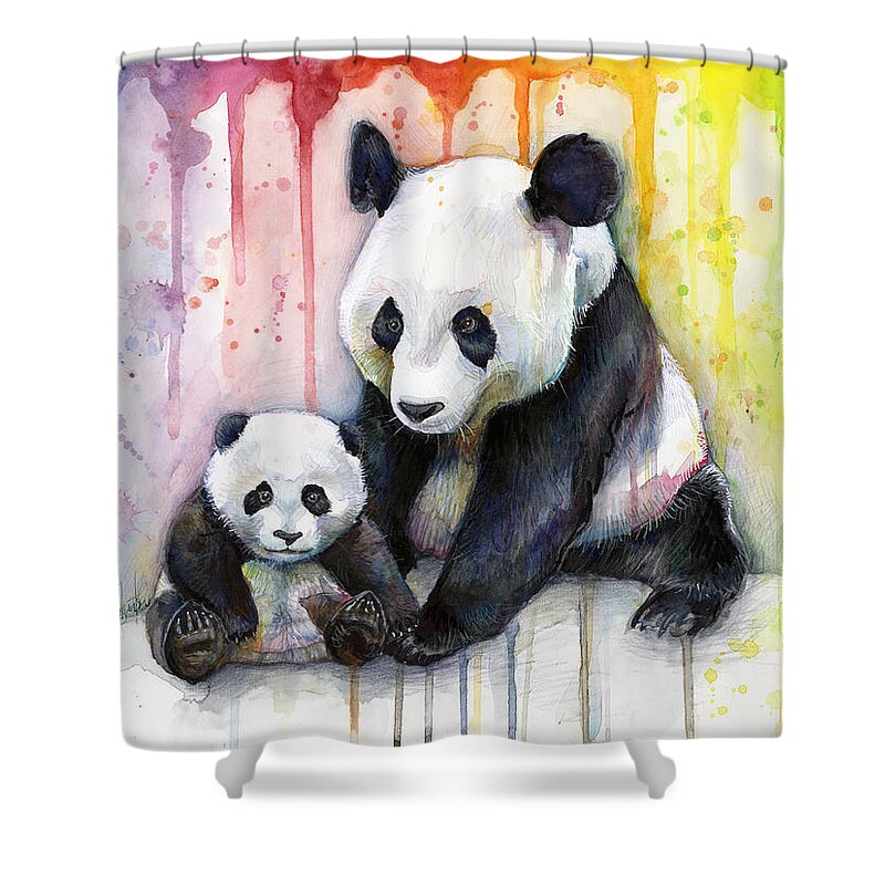 Watercolor Shower Curtain featuring the painting Panda Watercolor Mom and Baby by Olga Shvartsur