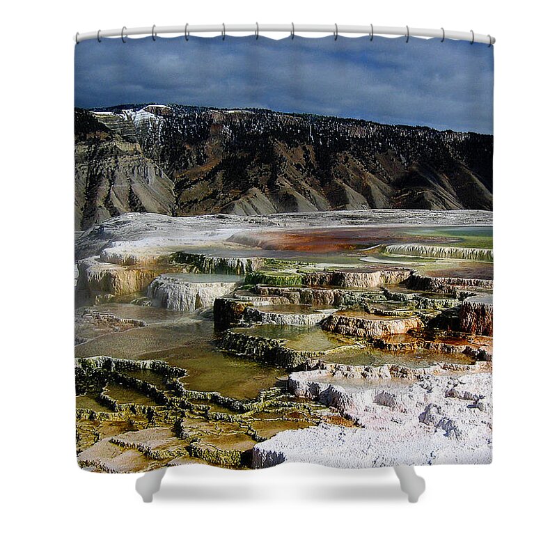 Mammoth Hot Springs Shower Curtain featuring the pyrography Mammoth Hot Springs by Robert Woodward