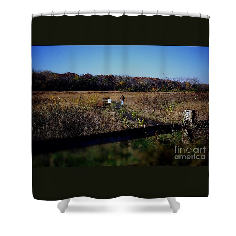  Animal Shower Curtain featuring the photograph Man and Dog Walking the Nature Trail by Frank J Casella
