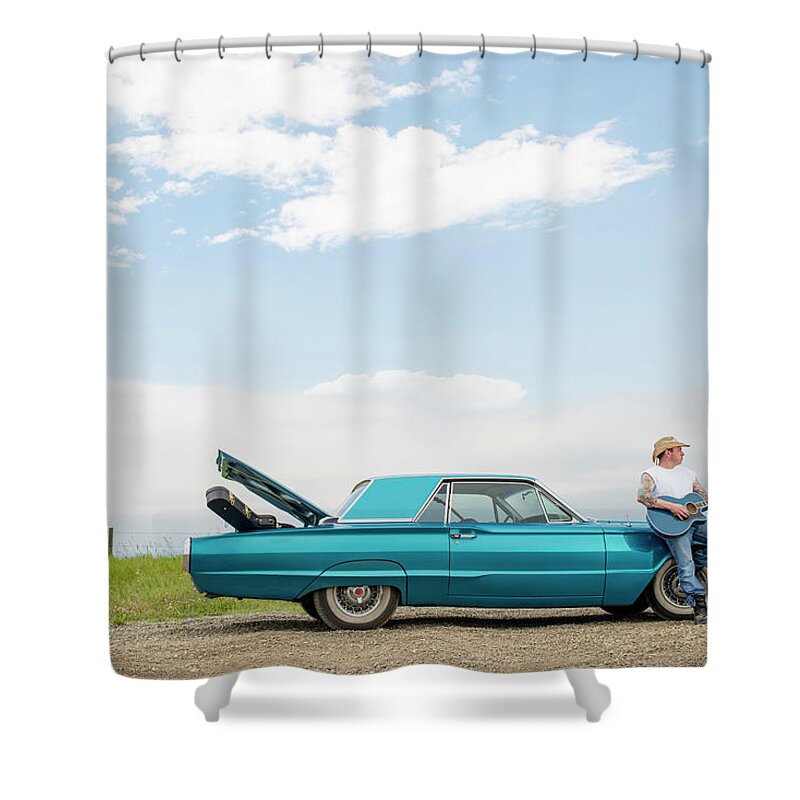 Mature Adult Shower Curtain featuring the photograph Man Rests Against Older Model Car by Ascent Xmedia