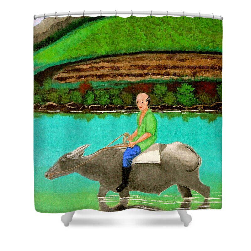 Landscape Shower Curtain featuring the painting Man Riding a Carabao by Cyril Maza