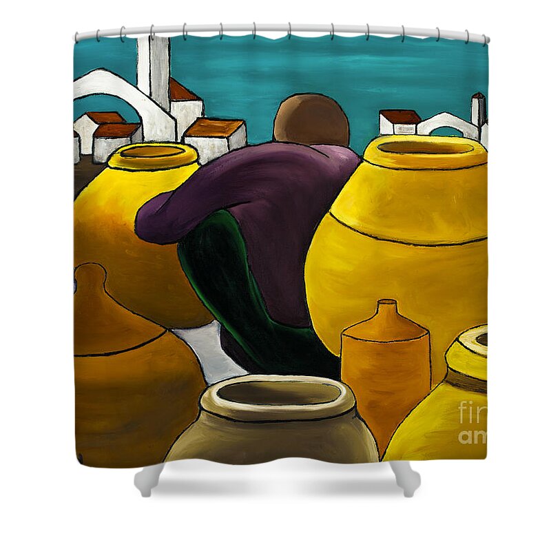 Pots Shower Curtain featuring the painting Man Selling Pots by William Cain